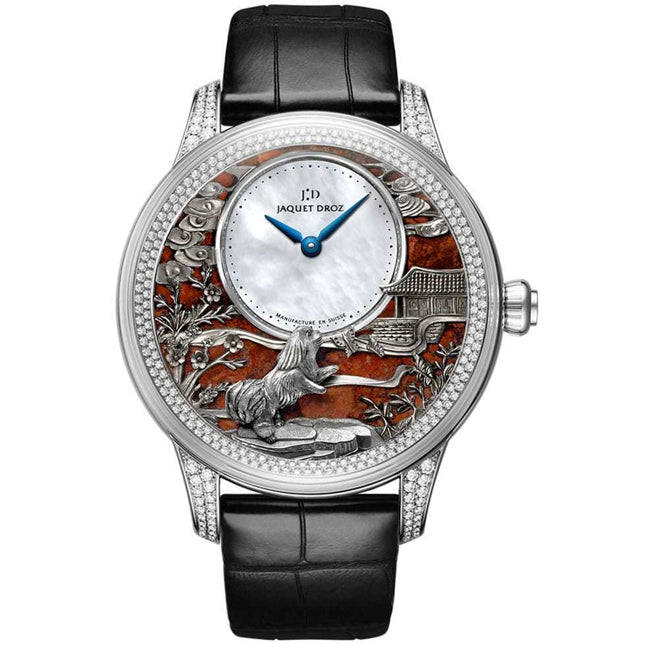 Jaquet Droz Petite Heure Minute Relief Dog White Gold Diamonds