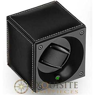 Swiss Kubik Watch Winder Single Black Calf Leather With White Stitches With Window Protect