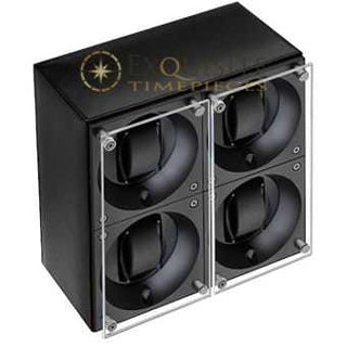 Swiss Kubik Watch Winder Quadruple Black Calf Leather With White Stitching Window Protect