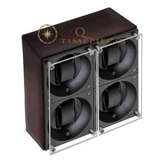 Swiss Kubik Watch Winder Quadruple Dark Brown Calf Leather Window Protect