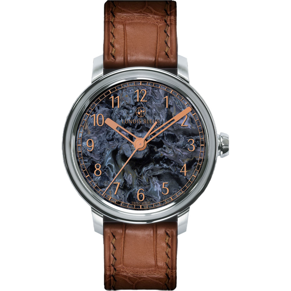 Lundis Bleus Contemporaines Dark Blue Pietersite Arabic Numerals on Alligator Strap