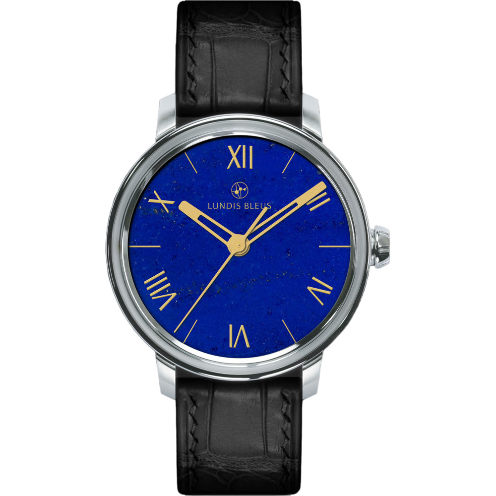 Lundis Bleus Contemporaines Lapis Lazuli Roman Numerals on Alligator Strap