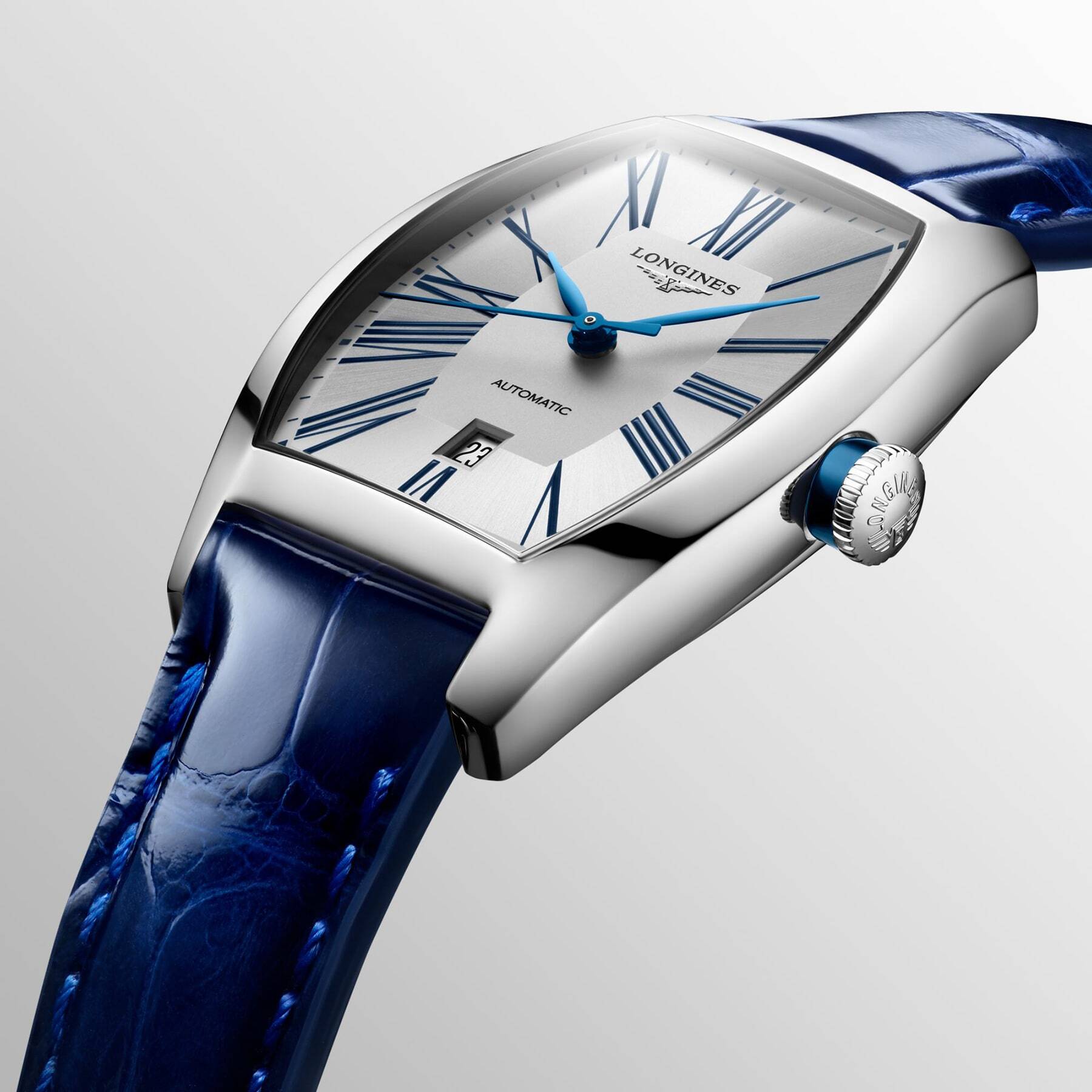 Longines Evidenza Silver Dial Blue Alligator Strap