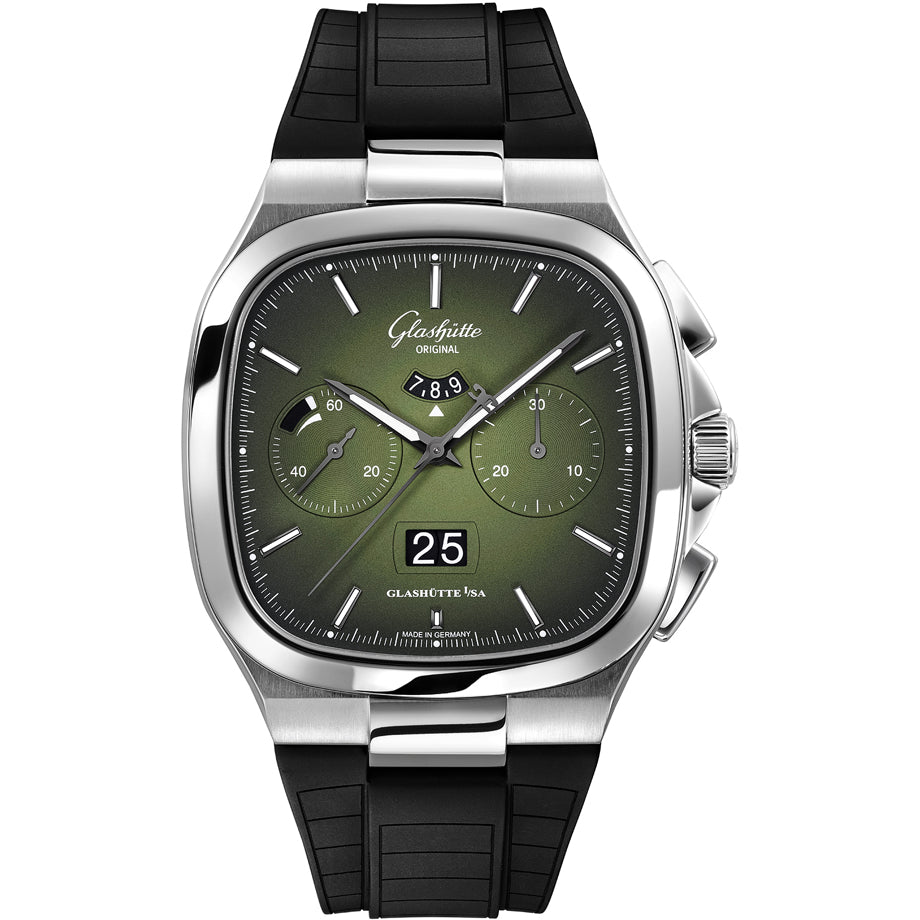 Glashütte Original Seventies Chronograph Panorama Date Fab Green on Rubber Strap