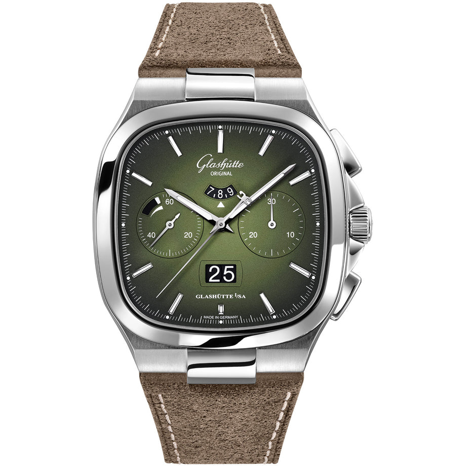 Glashütte Original Seventies Chronograph Panorama Date Fab Green on Leather Strap