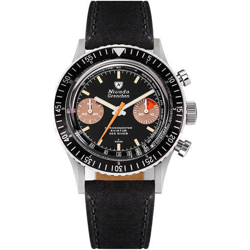 Nivada Grenchen Chronomaster Orange Boy Manual on Black Lather Strap 86012M03