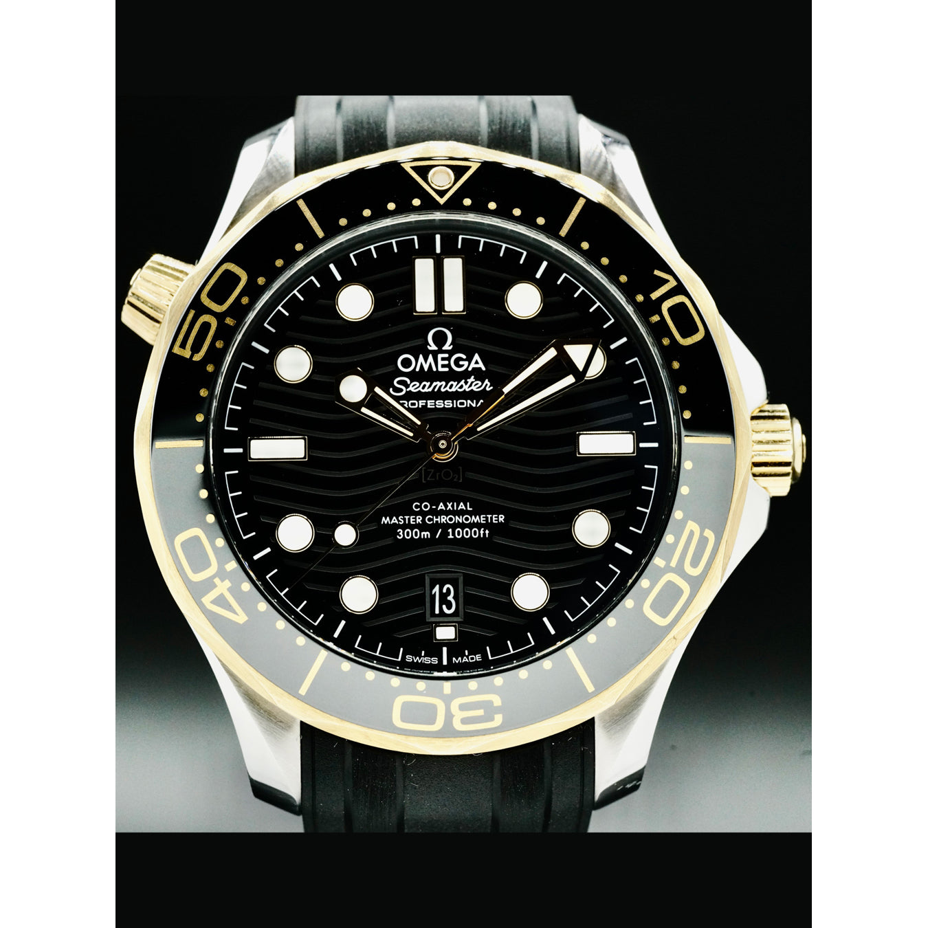 Omega 210.22.42.20.01.001 Seamaster Diver 300M Co-Axial Master Chronometer Black Dial Yellow Gold on Strap