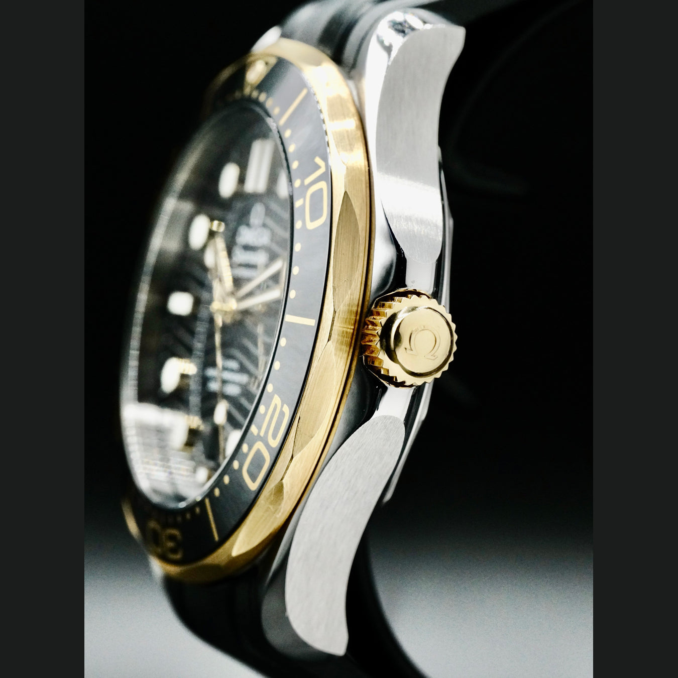 Omega 210.22.42.20.01.001 Seamaster Diver 300M Co-Axial Master Chronometer Black Dial Yellow Gold on Strap
