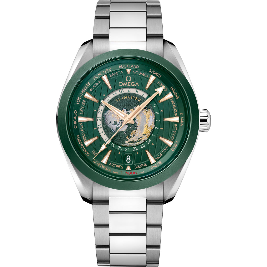 Omega 220.30.43.22.10.001 Seamaster Aqua Terra 150M Worldtimer 43mm Green Ceramic on Bracelet