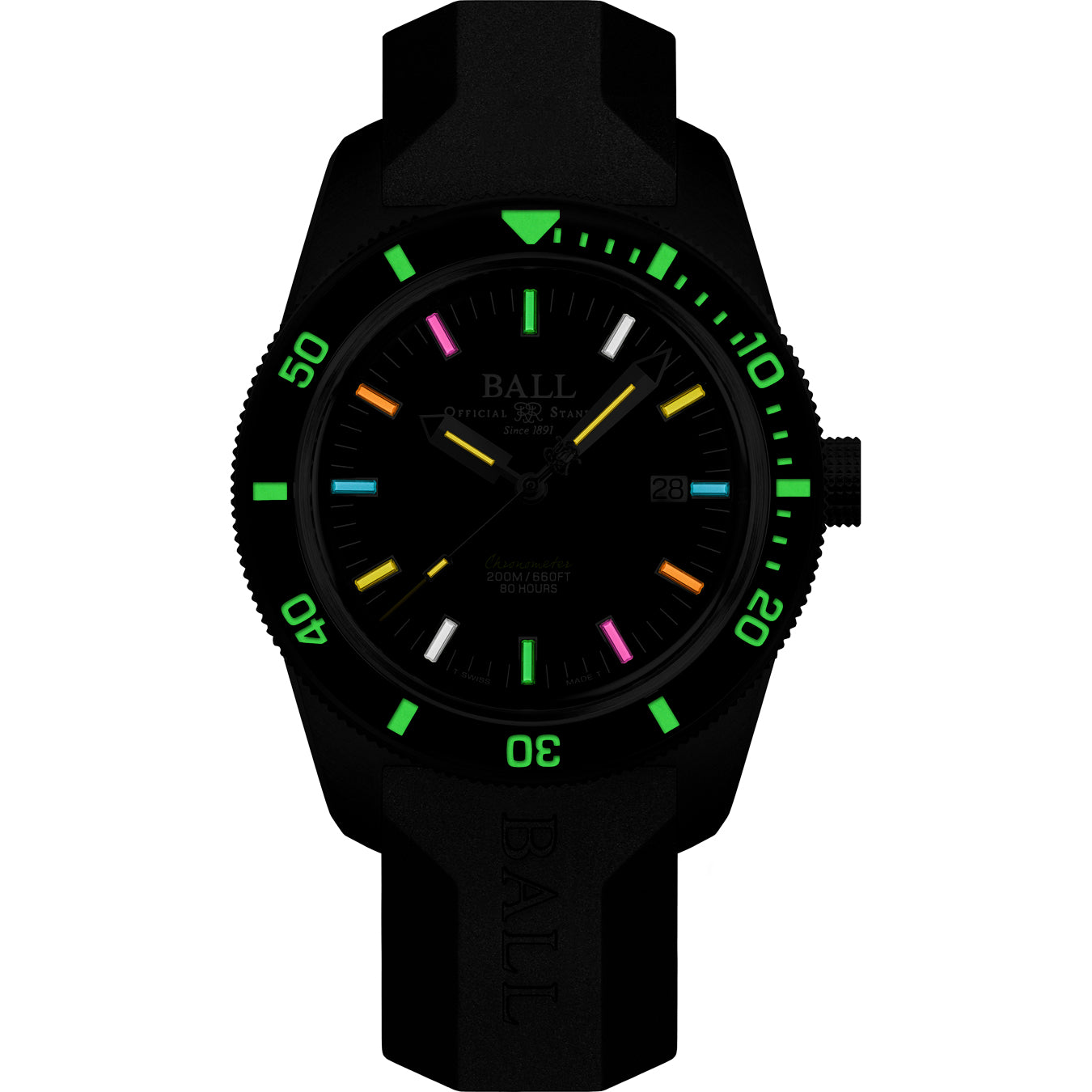 Ball DD3208B-P2C-BKR Engineer II M Skindiver Heritage Black on Strap Rainbow Tubes