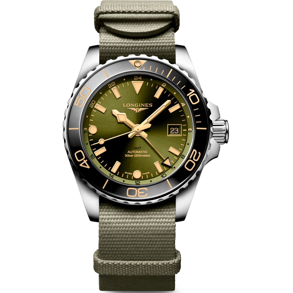 Longines Hydroconquest L3.790.4.06.2 GMT Sunray Green Dial on NATO Strap