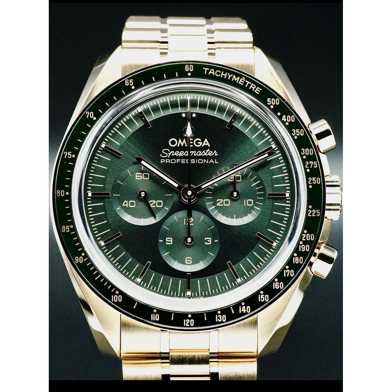 Omega 310.60.42.50.10.001 Moonwatch Professional Master Chronometer Moonshine Gold Green Dial on Bracelet