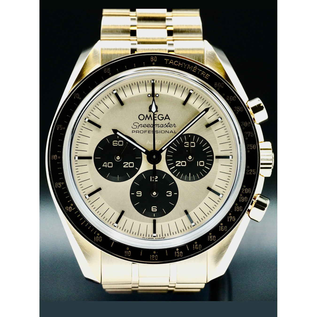 Omega 310.60.42.50.99.002 Speedmaster Moonwatch Professional Master Chronometer Moonshine Gold Dial on Bracelet