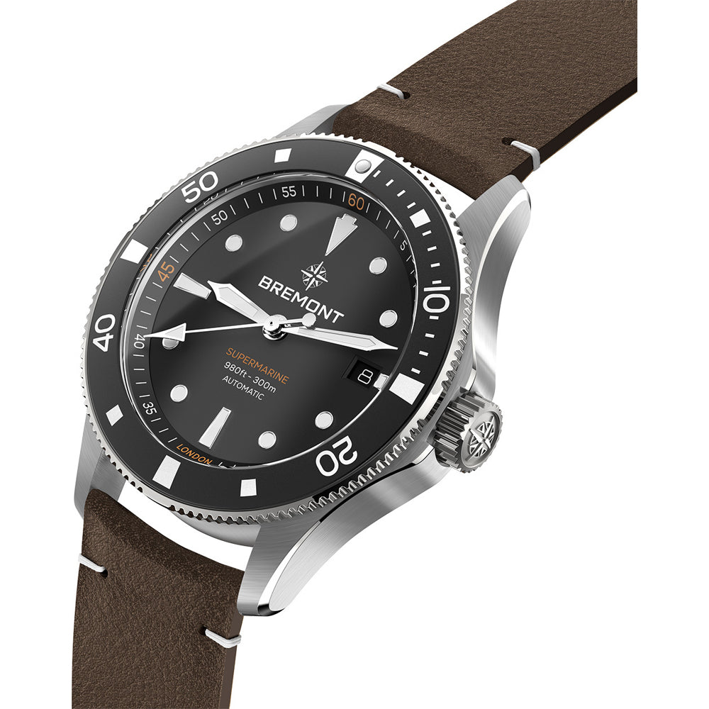 Bremont SM40-DT-SS-BK-L-S Supermarine 300 Date Black Dial on Leather Strap