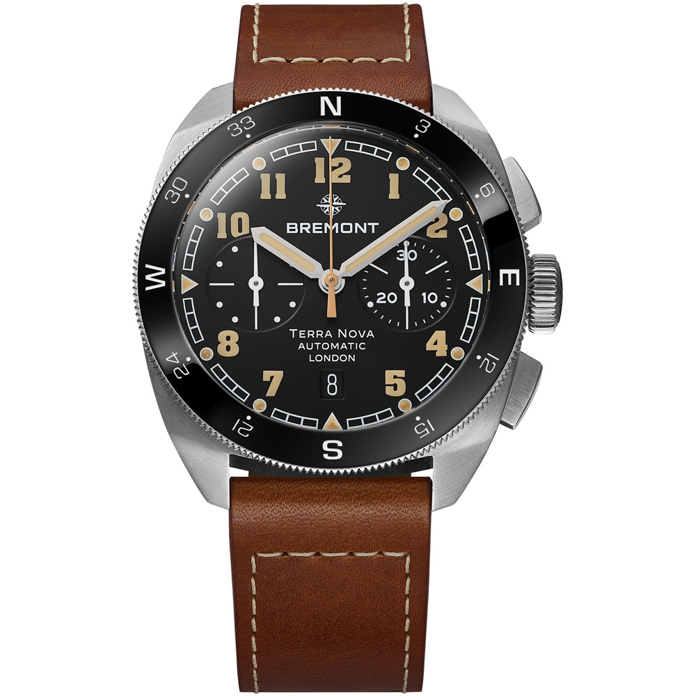 Bremont TN42-CHR-SS-BK-L-S Terra Nova 42.5 Chrono Black Dial on Leather Strap