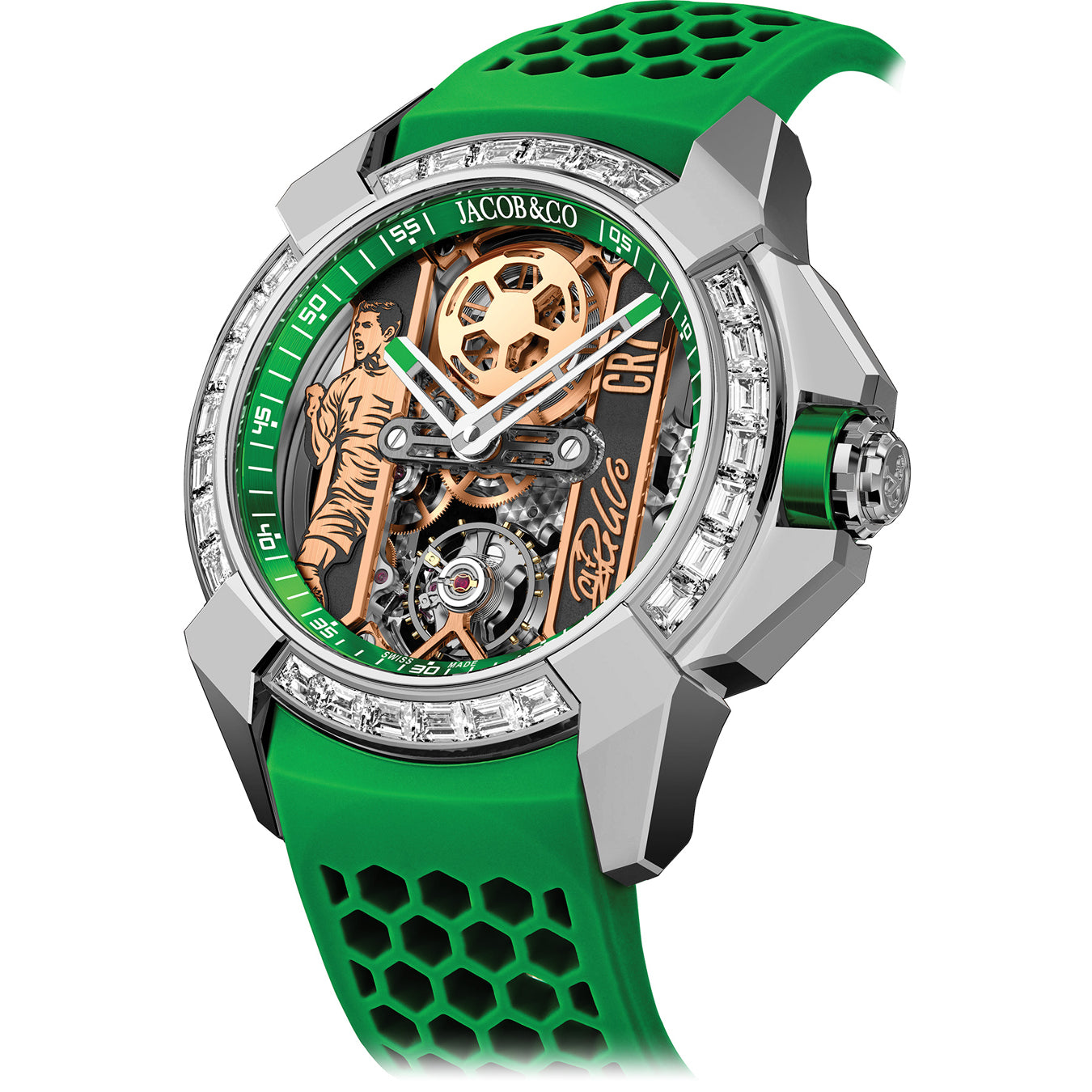 Jacob & Co. Epic X CR7 Heart of CR7 Stainless Steel Baguette Green on Strap