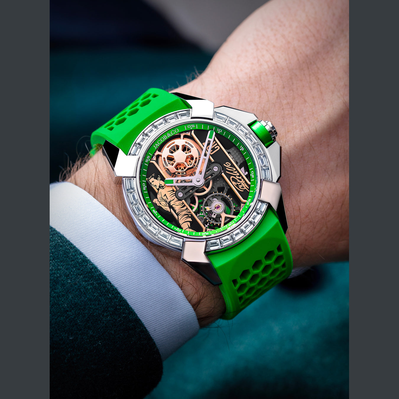 Jacob & Co. Epic X CR7 Heart of CR7 Stainless Steel Baguette Green on Strap