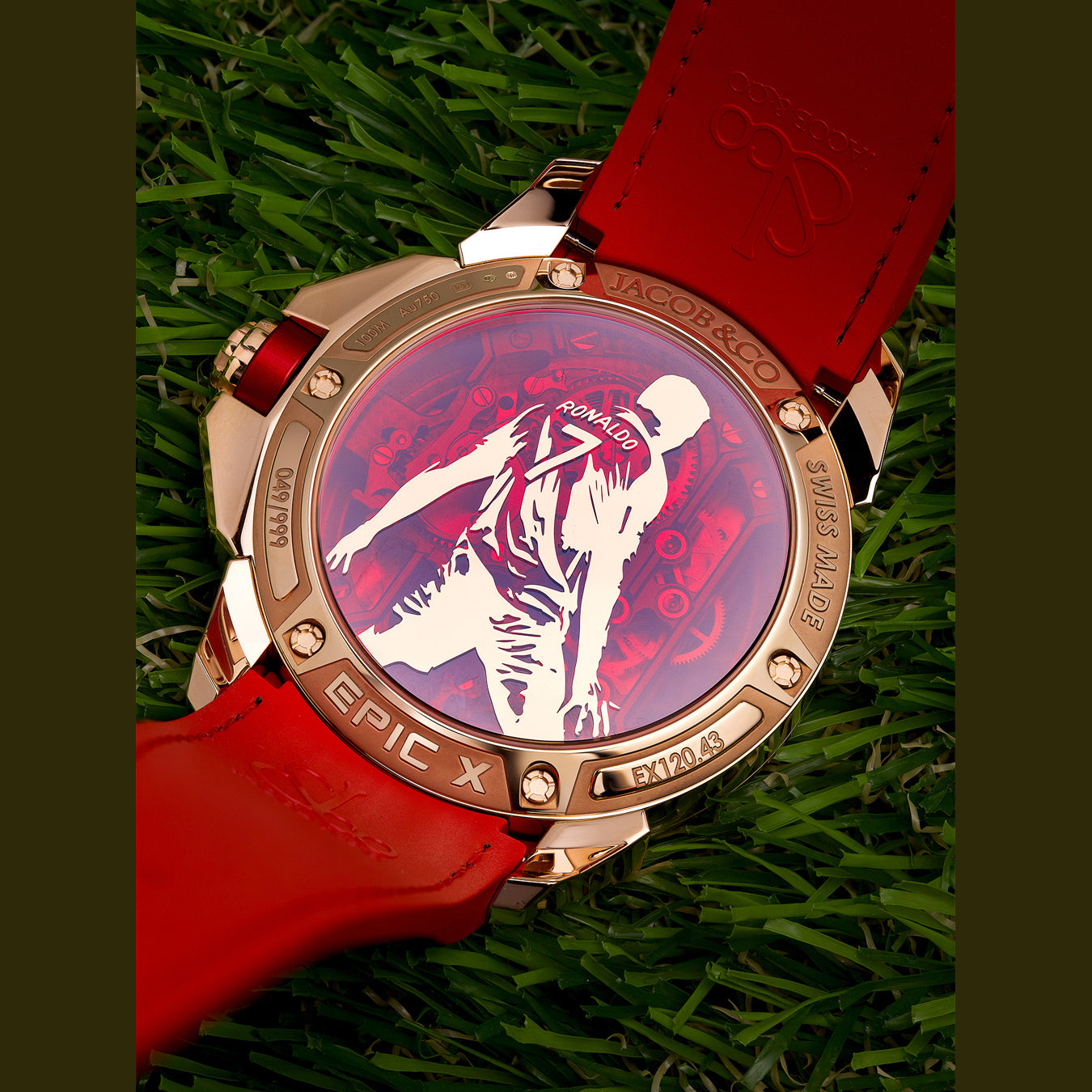 Jacob & Co. Epic X CR7 Flight of CR7 Rose Gold Baguette Red on Strap