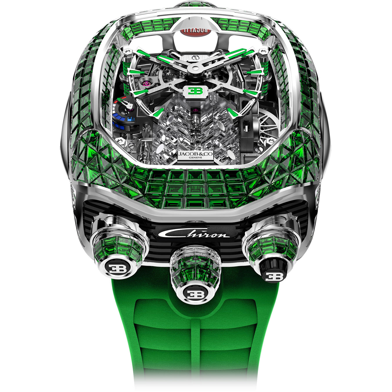 Jacob & Co. Bugatti Chiron Tourbillon Baguette White Gold Green on Strap