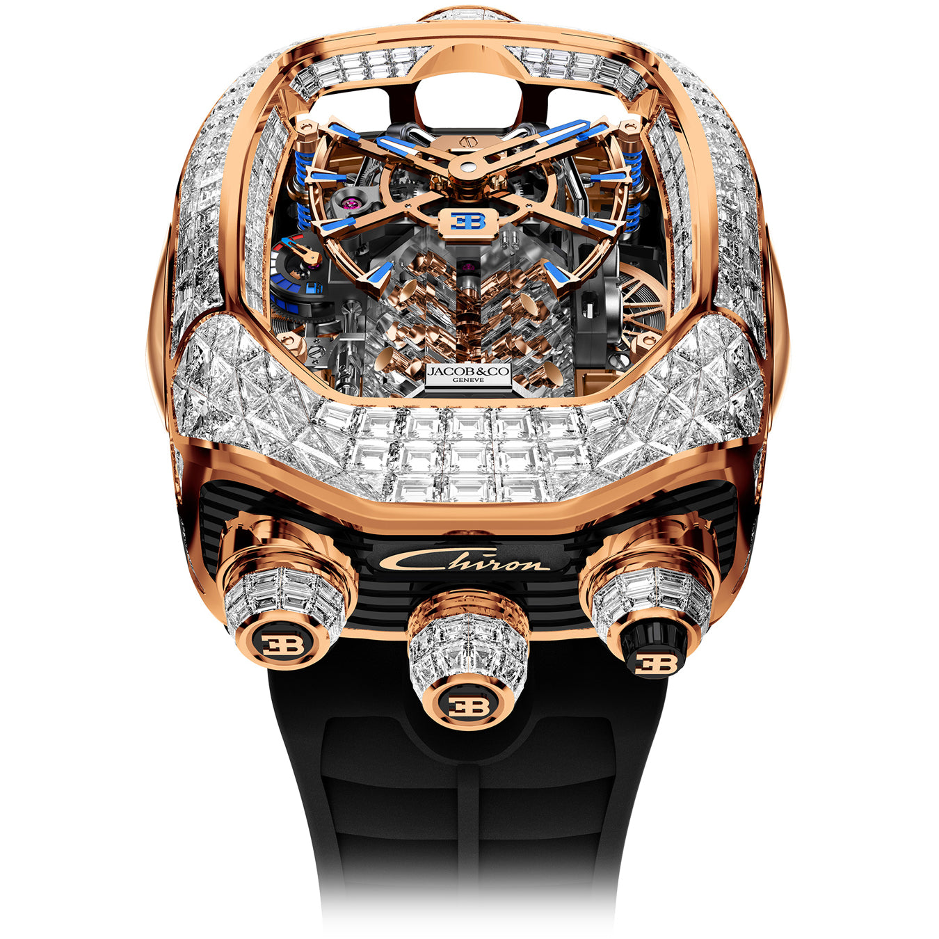 Jacob & Co. Bugatti Chiron Tourbillon Baguette Diamonds Rose Gold on Strap