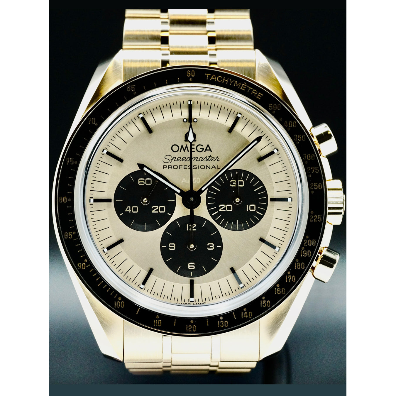 Omega 310.60.42.50.99.002 Speedmaster Moonwatch Professional Master Chronometer Moonshine Gold Dial on Bracelet