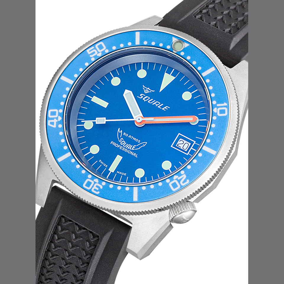 Squale 1521 Blue Blasted Steel Blue on Strap 1521BLUEBL.VO