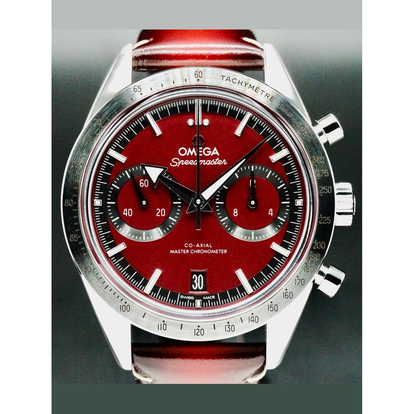Omega Speedmaster 57 Coaxial Chronometer Chronograph Red Dial 40.5mm on Strap 332.12.41.51.11.001