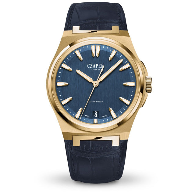 Czapek Antarctique Mount Erebus Deep Blue Yellow Gold on Leather Strap