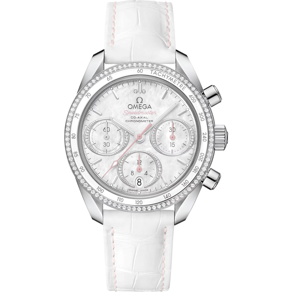 Omega 324.38.38.50.55.001 Speedmaster 38 Steel Sedna Gold Diamonds on Leather Strap