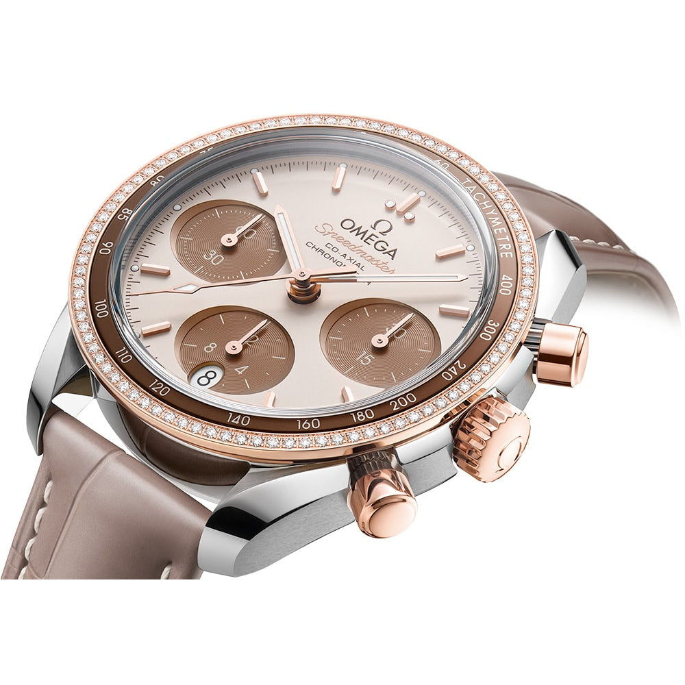Omega 324.28.38.50.02.002 Speedmaster 38 Steel Sedna Gold Diamonds on Leather Strap