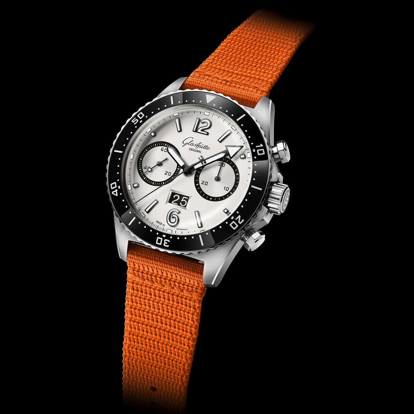 Glashütte Original SeaQ Chronograph "Panda" on Orange Canvas Strap 1-37-23-03-80-34