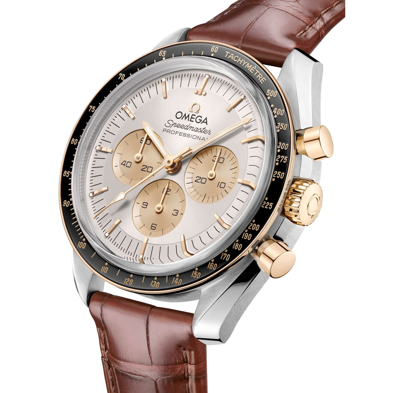 Omega 310.23.42.50.02.001 Speedmaster Moonwatch Professional 42mm Steel Moonshine Gold on Alligator Strap
