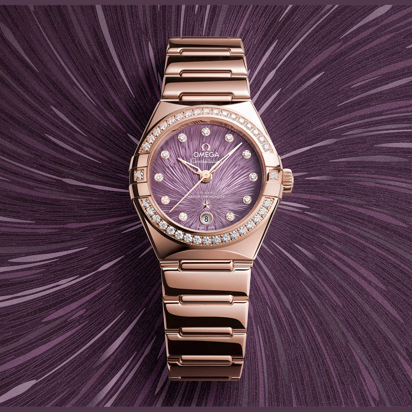 Omega 131.55.29.20.60.001 Constellation Purple Dial Gold and Diamonds 29mm