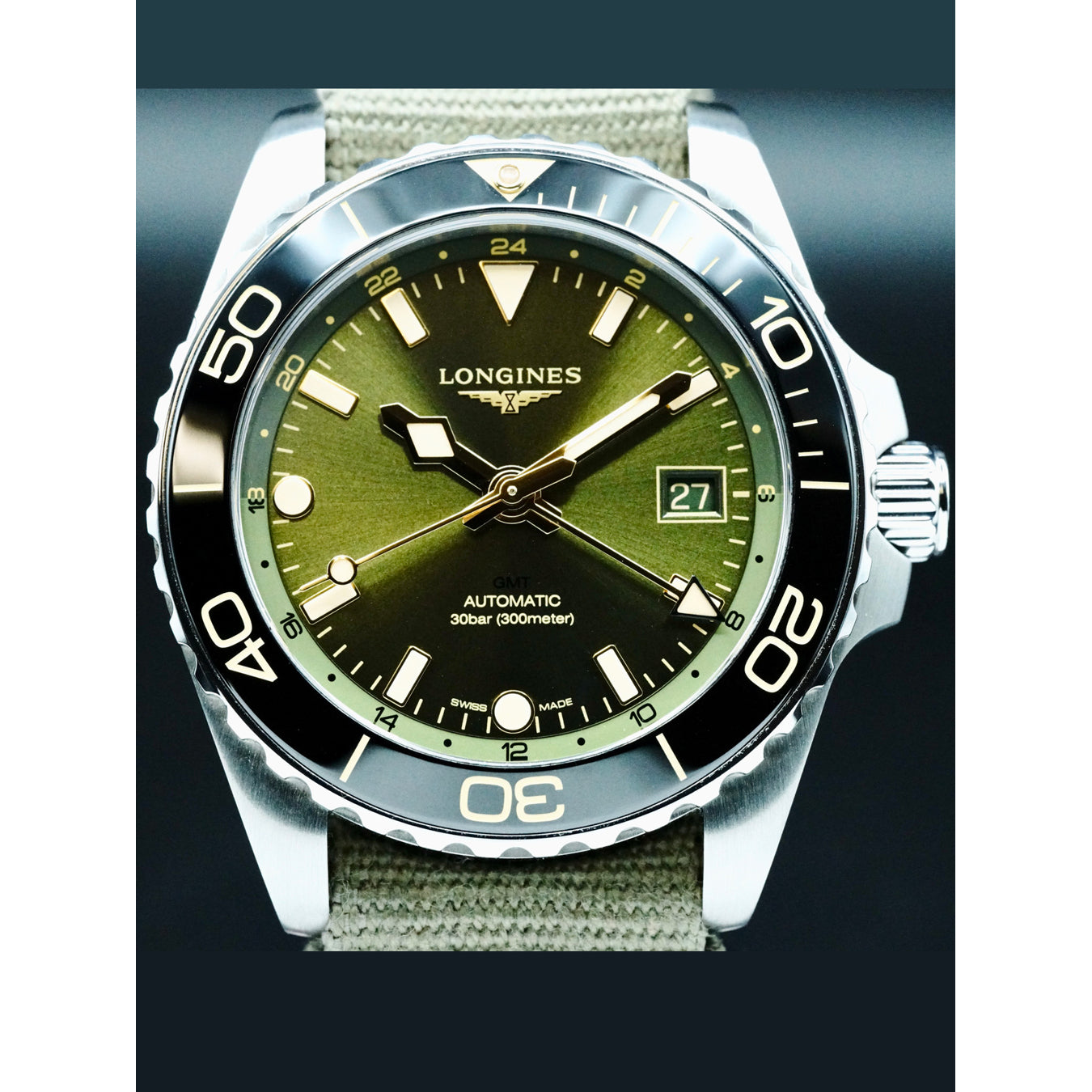 Longines L3.790.4.06.2 Hydroconquest GMT Sunray Green Dial on NATO Strap