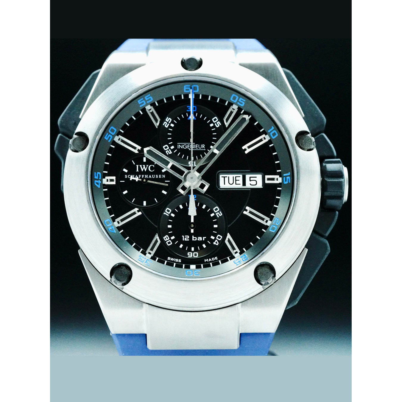 IWC IW376501 Ingenieur Double Chronograph Titanium Certified 45mm Blue Rubber Strap
