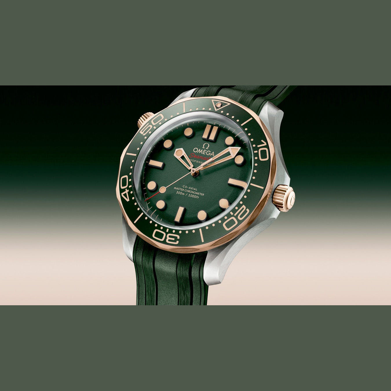 Omega 210.92.42.20.10.001 Seamaster Diver 300M Green Dial Titanium Bronze Gold on Rubber Strap