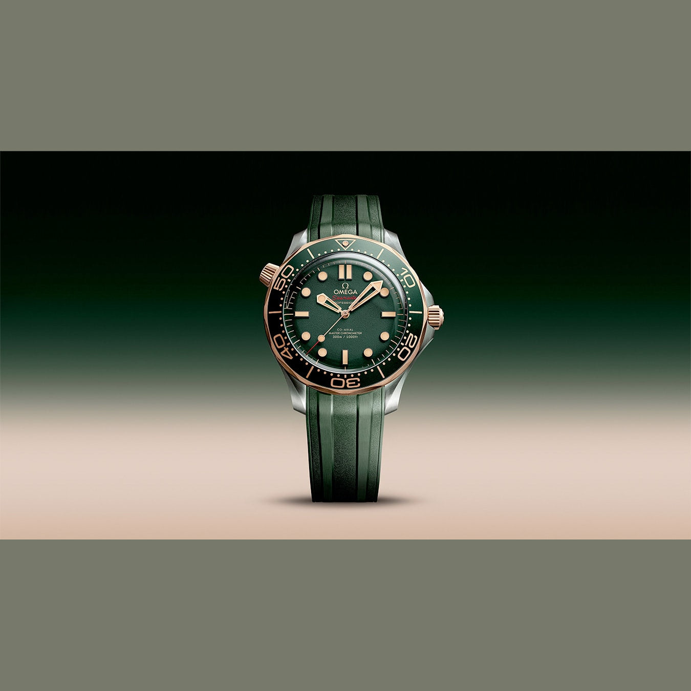 Omega 210.92.42.20.10.001 Seamaster Diver 300M Green Dial Titanium Bronze Gold on Rubber Strap
