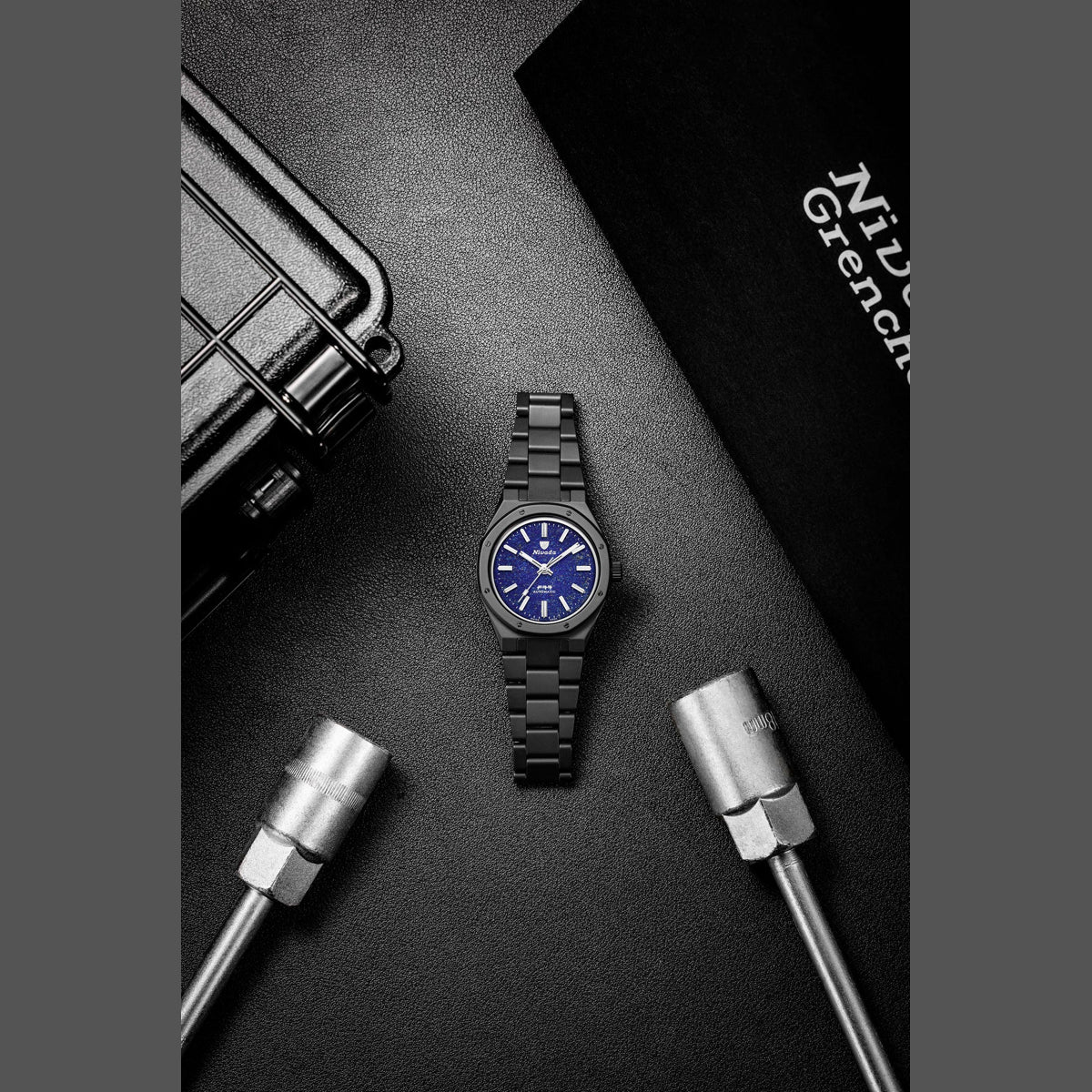 Nivada Grenchen 68022A77 F77 Black Ceramic Lapis Lazuli on Bracelet