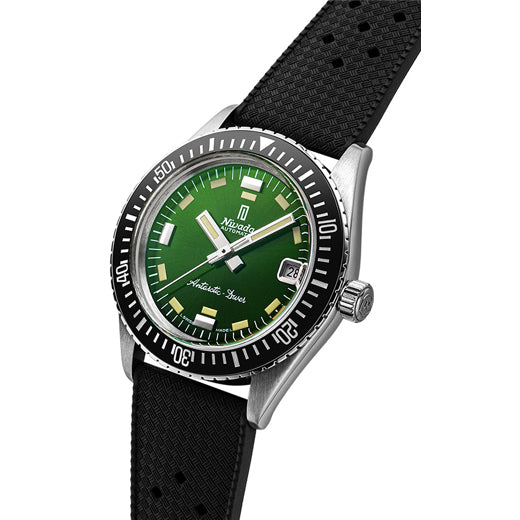 Nivada Grenchen 32053A01 Antarctic Diver Green Date on Rubber Tropic