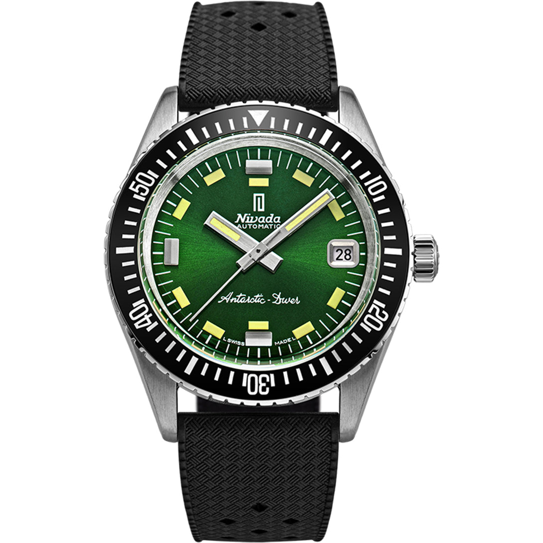 Nivada Grenchen 32053A01 Antarctic Diver Green Date on Rubber Tropic