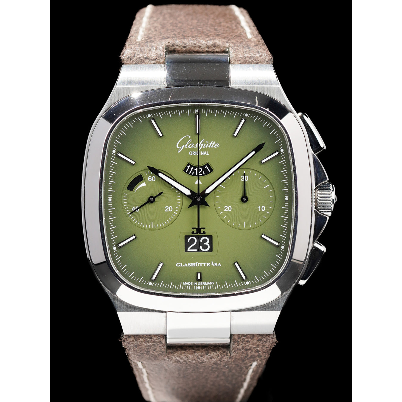 Glashütte Original 1-37-02-09-02-62 Seventies Chronograph Panorama Date Fab Green on Leather Strap