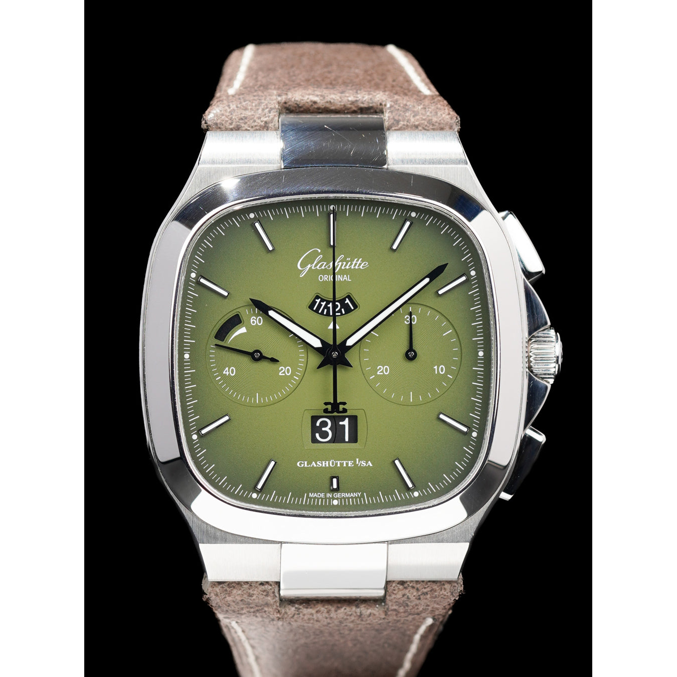 Glashütte Original 1-37-02-09-02-62 Seventies Chronograph Panorama Date Fab Green on Leather Strap