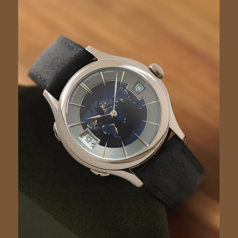 Laurent Ferrier Classic Traveller Globe Night Blue White Gold Champlevé Blue Enamel Centre