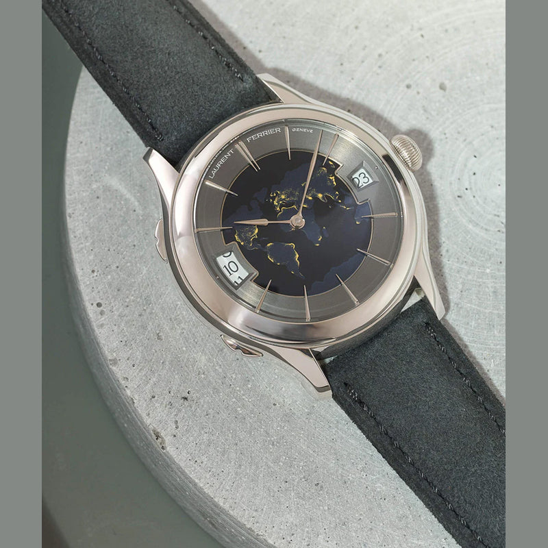 Laurent Ferrier Classic Traveller Globe Night Blue White Gold Champlevé Blue Enamel Centre