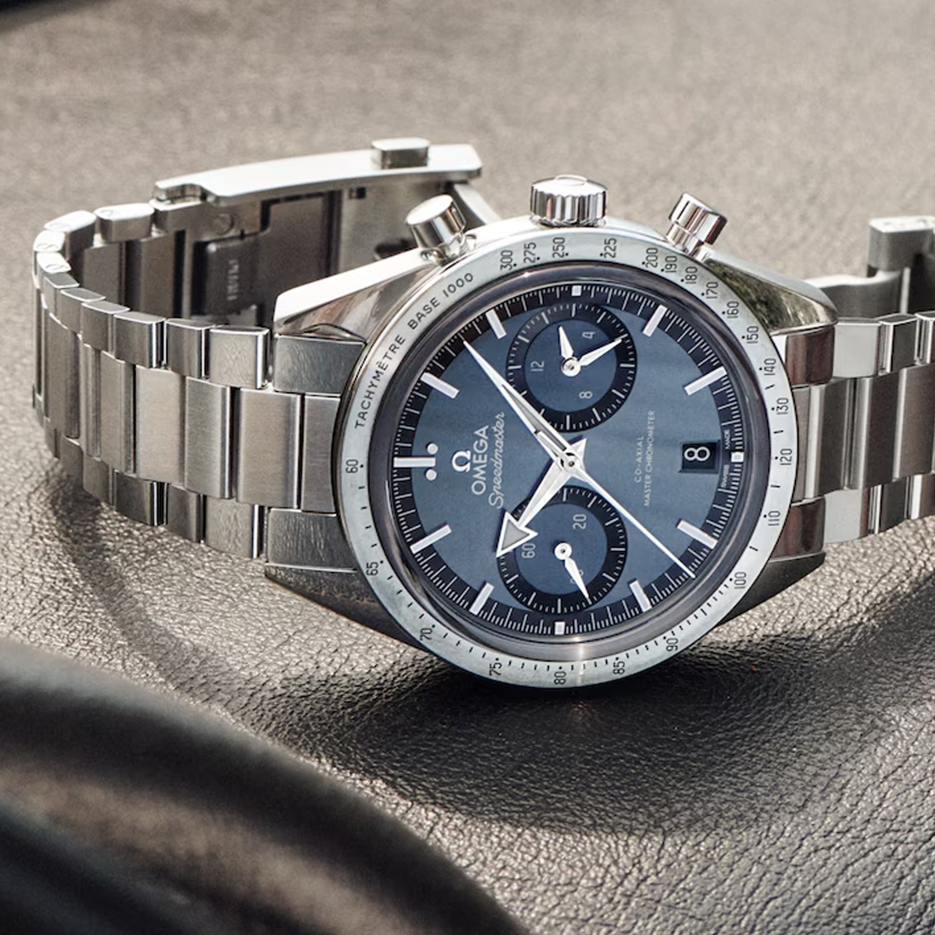 Omega Speedmaster 57 Coaxial Chronometer Chronograph Blue Dial 40.5mm on Bracelet