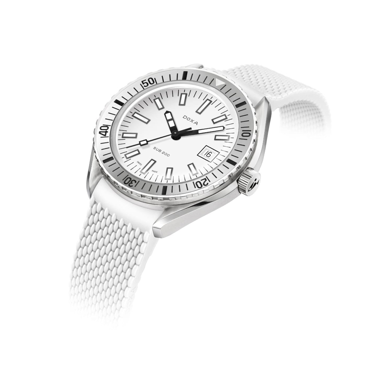 DOXA SUB 200 Whitepearl 796.10.011.23 On White Rubber Strap