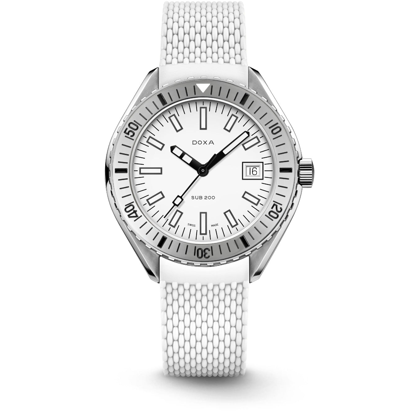 DOXA SUB 200 Whitepearl 796.10.011.23 On White Rubber Strap