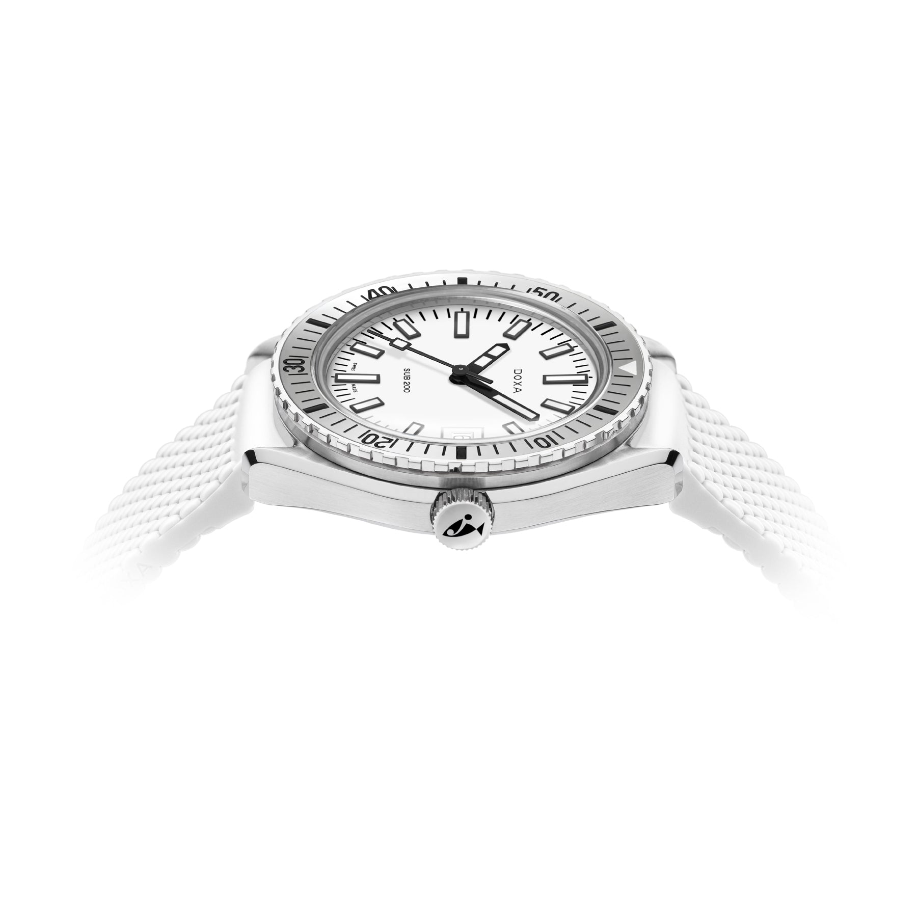 DOXA SUB 200 Whitepearl 796.10.011.23 On White Rubber Strap