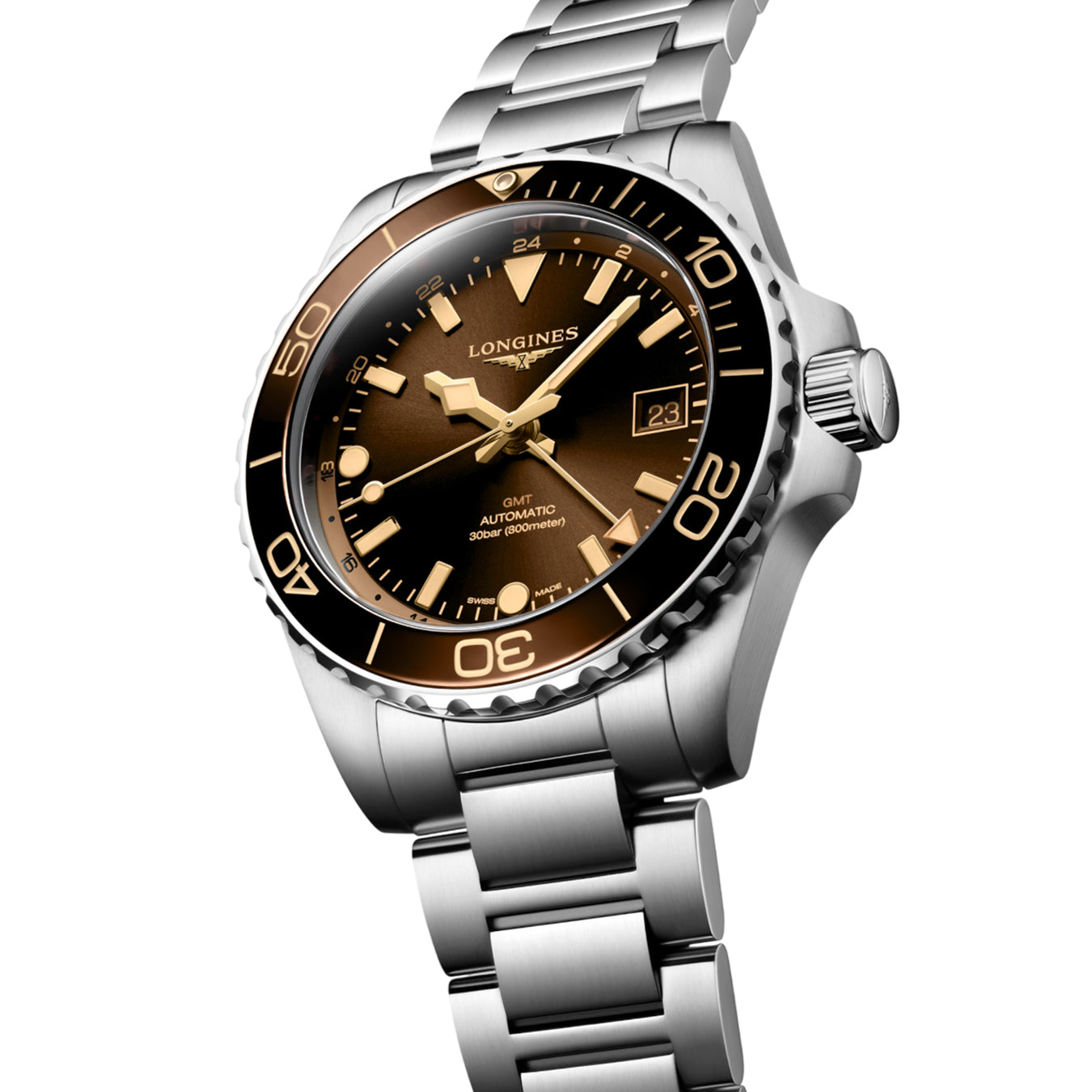 Longines Hydroconquest L3.790.4.66.6 GMT Sunray Brown Dial on Bracelet