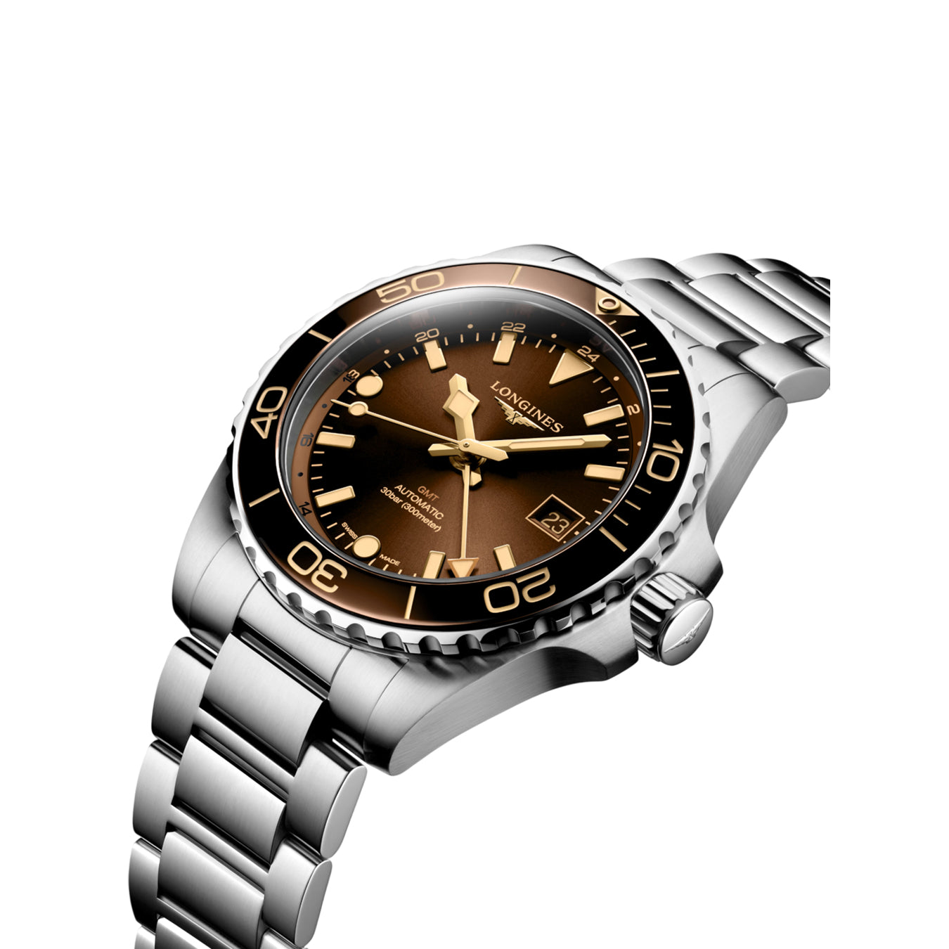Longines Hydroconquest L3.790.4.66.6 GMT Sunray Brown Dial on Bracelet